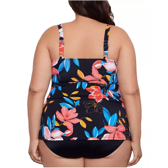 Swim Solutions Tiered Floral-Print One Piece Black Multicolor Plus Sz 16W 16163 - Picture 3 of 3